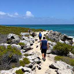 Caribbean Holidays, February Adventures, Visitors hiking along a rugged coastal trail in Turks and Caicos, with scrubland, limestone rocks and an expansive blue sea