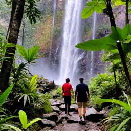 Caribbean Holidays, February Adventures, Visitors hiking through lush Dominican Republic rainforest towards a waterfall, tropical plants and rocky trail