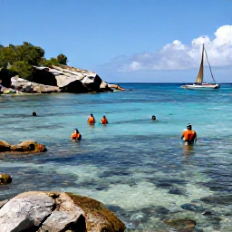 Caribbean Holidays, February Adventures, Visitors snorkelling in clear shallow water beside a rocky cove on Saint Barth&eacute;lemy, with colourful fish and a small sailing boat nearby