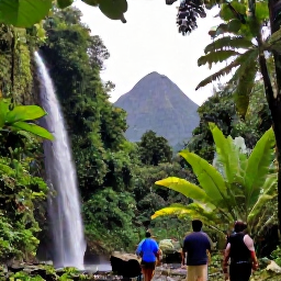 Caribbean Holidays, February Adventures, Visitors walking through Saint Lucia rainforest near a waterfall, with tropical plants and volcanic scenery