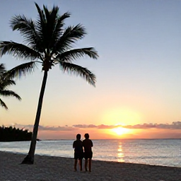Caribbean Holidays, February All Inclusive, Couple watching a Caribbean sunset from a quiet beach in February, with palm silhouettes and warm evening light