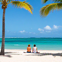 Caribbean Holidays, February All Inclusive, Sunny Caribbean beach in February with turquoise water, white sand, palm trees and a relaxed couple enjoying the view
