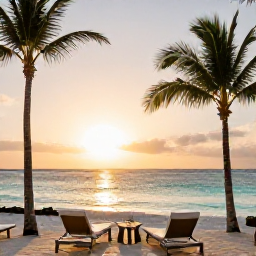 Caribbean Holidays, February Aruba Adults Only, Adults-only beachfront resort in Aruba at sunset, with palm trees, calm turquoise sea and elegant loungers