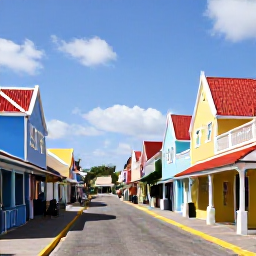 Caribbean Holidays, February Aruba Adults Only, Colourful Oranjestad street in Aruba with Dutch colonial buildings, local shops and sunny blue sky