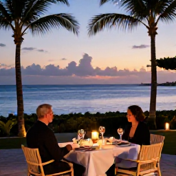 Caribbean Holidays, February Aruba Adults Only, Romantic adults-only dinner beside the Caribbean Sea in Aruba at twilight, candles, elegant table and palm trees
