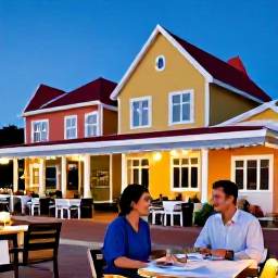 Caribbean Holidays, February Aruba Holidays, Couple dining at an outdoor restaurant in Oranjestad, Aruba, with colourful buildings and evening lights