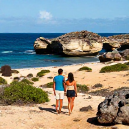 Caribbean Holidays, February Aruba Holidays, Couple exploring Arikok National Park in Aruba, rugged coastline, desert landscape and natural rock formations