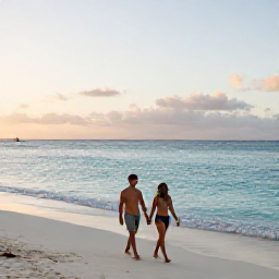 Caribbean Holidays, February Aruba Holidays, Couple walking hand in hand along Eagle Beach in Aruba at sunset, soft golden light, calm turquoise sea