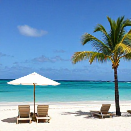 Caribbean Holidays, February Aruba Holidays, Quiet white-sand beach in Aruba with two sun loungers, turquoise water and swaying palm trees