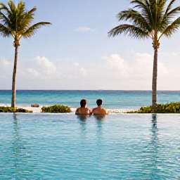 Caribbean Holidays, February Aruba Holidays, Relaxed couple at a luxury Aruba resort pool overlooking the Caribbean Sea, sunny afternoon and palm trees