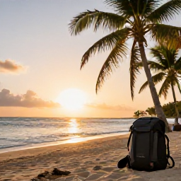 Caribbean Holidays, February Backpacking, Backpack resting beside a palm-fringed Caribbean beach at sunset on Saint Kitts and Nevis