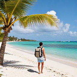 Caribbean Holidays, February Backpacking, Backpacker exploring a sunny Martinique beach with turquoise water, palm trees and a light rucksack