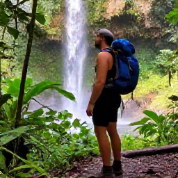 Caribbean Holidays, February Backpacking, Backpacker hiking through lush rainforest in Tobago near a waterfall, with tropical plants and filtered sunlight