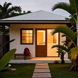Caribbean Holidays, February Backpacking, Backpacker relaxing in a small Caribbean guesthouse courtyard with a rucksack, tropical plants and warm evening light