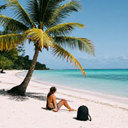 Caribbean Holidays, February Backpacking, Backpacker relaxing on a quiet Tobago beach with turquoise water, palm trees and a small rucksack nearby
