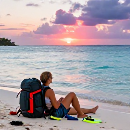 Caribbean Holidays, February Backpacking, Backpacker relaxing on Carlisle Bay beach with snorkelling gear, calm blue water and a colourful sunset