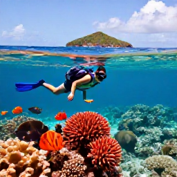 Caribbean Holidays, February Backpacking, Backpacker snorkelling in clear Caribbean water above a colourful coral reef, with tropical fish and a small island in the background