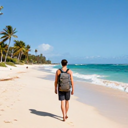 Caribbean Holidays, February Backpacking, Backpacker walking along a sunny Barbados beach with a rucksack, turquoise sea and palm trees
