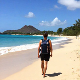 Caribbean Holidays, February Backpacking, Backpacker walking along a sunny Caribbean beach on Saint Kitts with volcanic hills in the distance