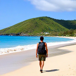 Caribbean Holidays, February Backpacking, Backpacker walking along a sunny Caribbean beach on Saint Vincent with lush green hills and turquoise sea