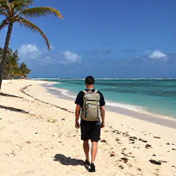 Caribbean Holidays, February Backpacking, Backpacker walking along a sunny Caribbean beach with a lightweight rucksack, turquoise sea and palm trees
