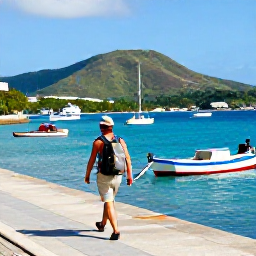 Caribbean Holidays, February Backpacking, Backpacker walking along a sunny Caribbean harbour in Saint Vincent, with colourful boats, green hills and blue water