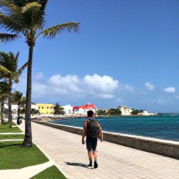 Caribbean Holidays, February Backpacking, Backpacker walking along a sunny Nassau waterfront in February, with palm trees, turquoise sea and colourful colonial buildings