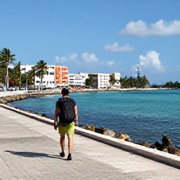Caribbean Holidays, February Backpacking, Backpacker walking along a sunny Nassau waterfront with turquoise sea, palm trees and colourful buildings in February