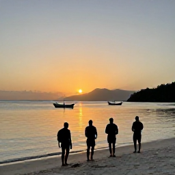 Caribbean Holidays, February Backpacking, Backpackers enjoying sunset beside a quiet Caribbean beach in the Grenadines, with fishing boats and warm evening light