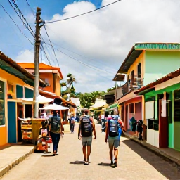 Caribbean Holidays, February Backpacking, Backpackers walking through a lively Trinidad street in warm February sunshine, colourful buildings, local stalls and relaxed Caribbean atmosphere