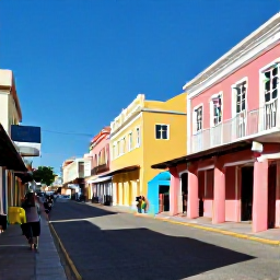 Caribbean Holidays, February Backpacking, Colourful Bridgetown street scene with historic buildings, local shops and pedestrians in February sunshine