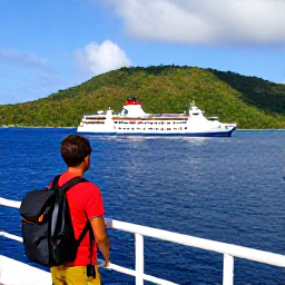 Caribbean Holidays, February Backpacking, Colourful Caribbean ferry crossing between lush islands with a backpacker watching from the deck