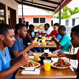Caribbean Holidays, February Backpacking, Friendly backpackers eating Creole food at an outdoor caf&eacute; in Fort-de-France, Martinique