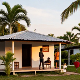 Caribbean Holidays, February Backpacking, Friendly backpackers sharing a simple guesthouse terrace in Trinidad and Tobago at sunset, with tropical greenery and warm light