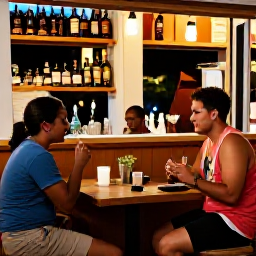 Caribbean Holidays, February Backpacking, Friendly Barbados rum shop with locals and backpackers sharing food and drinks in a relaxed evening setting