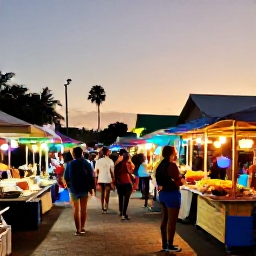 Caribbean Holidays, February Backpacking, Friendly Caribbean street market at sunset, with local food stalls, colourful lights and backpackers tasting island dishes
