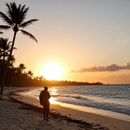 Caribbean Holidays, February Backpacking, Relaxed backpacker watching a golden sunset over a quiet Bahamian beach, with palm silhouettes and gentle waves