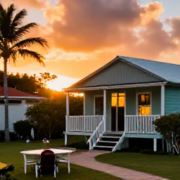 Caribbean Holidays, February Backpacking, Small Bahamian guesthouse courtyard at sunset with a backpack, simple outdoor seating and warm island light