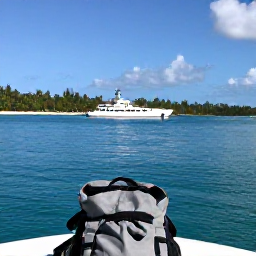 Caribbean Holidays, February Backpacking, Small inter-island ferry crossing calm turquoise water between Bahamian islands, with backpack and tropical coastline in view