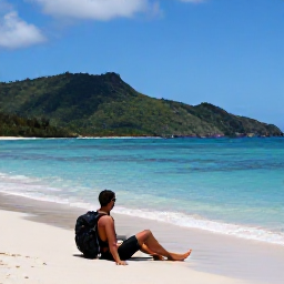 Caribbean Holidays, February Backpacking, Solo backpacker relaxing on a quiet Martinique beach beside clear Caribbean sea and green hills