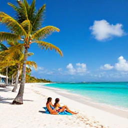 Caribbean Holidays, February Bahamas Holidays, A bright turquoise beach in the Bahamas in February, with white sand, palm trees and a relaxed couple enjoying the sunshine