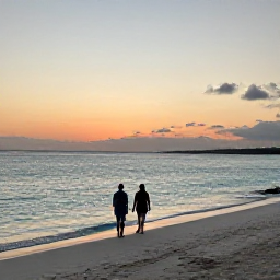 Caribbean Holidays, February Bahamas Holidays, A couple walking along a quiet white-sand beach in the Bahamas at sunset, with calm turquoise water and a warm evening sky