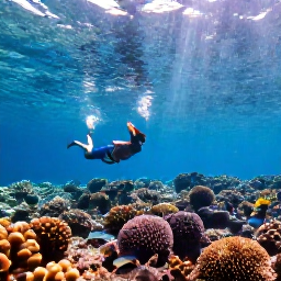 Caribbean Holidays, February Bahamas Holidays, Travellers snorkelling over a colourful coral reef in clear Bahamian water, with tropical fish and sunlight shining through the sea