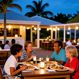 Caribbean Holidays, February Barbados, A family enjoying a relaxed outdoor meal at a welcoming Barbados restaurant in the evening, with tropical surroundings and warm lights