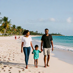 Caribbean Holidays, February Barbados, A happy family walking along a bright sandy beach in Barbados in warm February sunshine, calm turquoise sea and palm trees