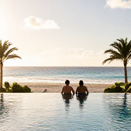 Caribbean Holidays, February Barbados, Adults relaxing beside an infinity pool at a stylish Barbados beach resort in warm February sunshine