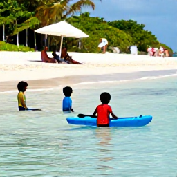 Caribbean Holidays, February Barbados, Children paddling in shallow clear water on a sheltered Barbados beach while parents relax nearby under a beach umbrella