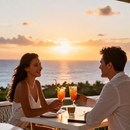 Caribbean Holidays, February Barbados, Couple enjoying a sunset cocktail at an elegant open-air restaurant in Barbados