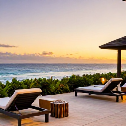 Caribbean Holidays, February Barbados, Elegant adults-only Barbados resort terrace with ocean views, comfortable loungers and a warm evening sky