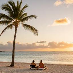 Caribbean Holidays, February Beach Holidays, A couple relaxing on a quiet Turks and Caicos beach at sunset, with palm trees, calm sea and soft golden light